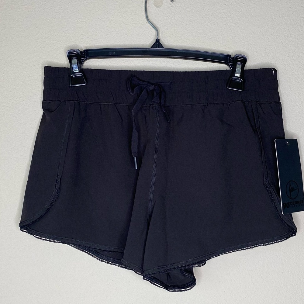 NWT 90 Degree Black Athletic Gym Running Shorts Micro Lace Trim Built In Panty